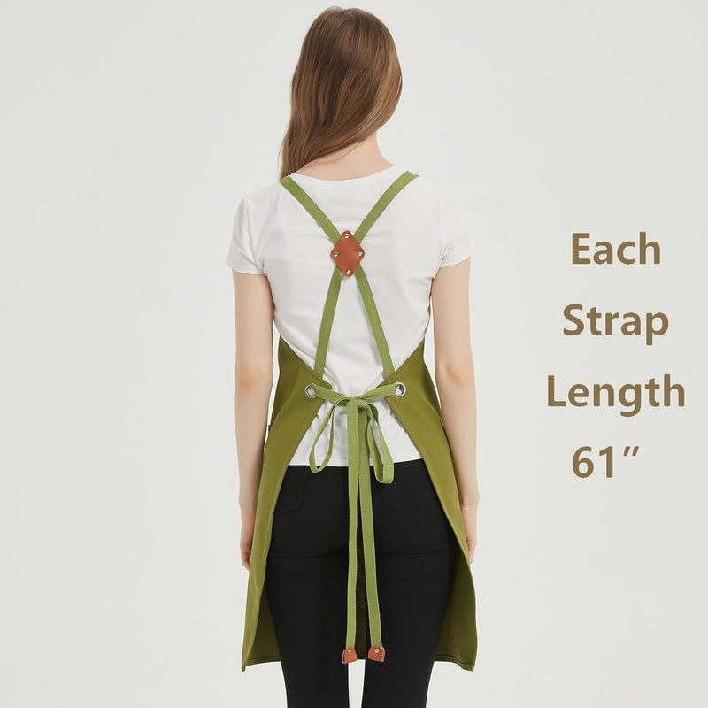 AFUN Chef Aprons for Women Men with Large Pockets, 12-Ounce Cotton Canvas Cross Back Water Repellent Apron (Army Green) - Image 3